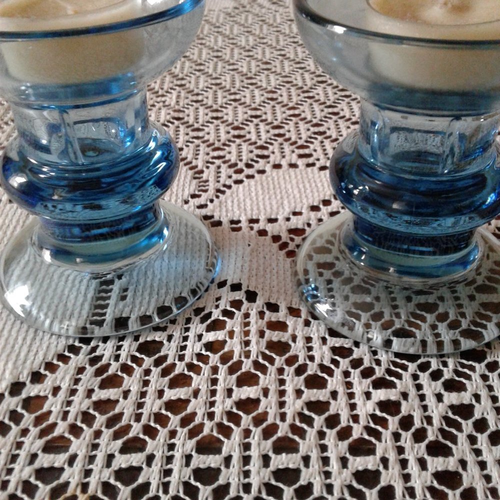 Set of two Vintage Blue 3.5" (tea light/taper) Glass Candle Holders